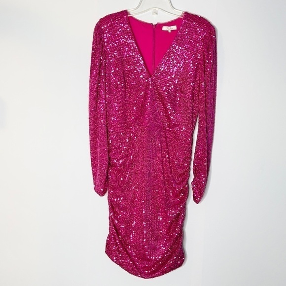 New Parker Dark Pink Arienne Sequinned Surplice Mini Dress US 6 - Picture 2 of 8